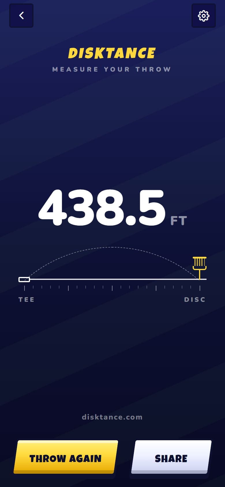 The result card: 438.5 feet from tee to disc