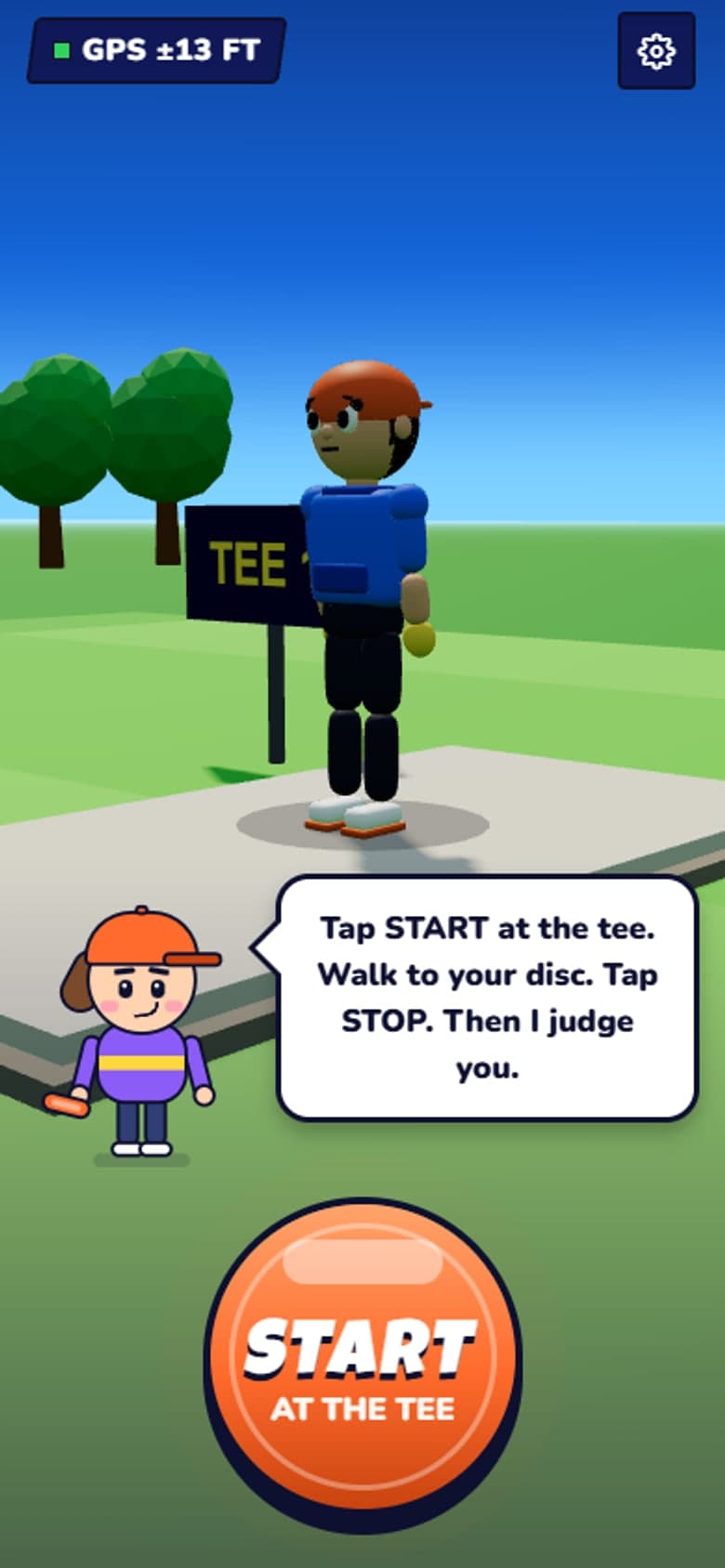 The START button on the tee, with the 3D runner waiting